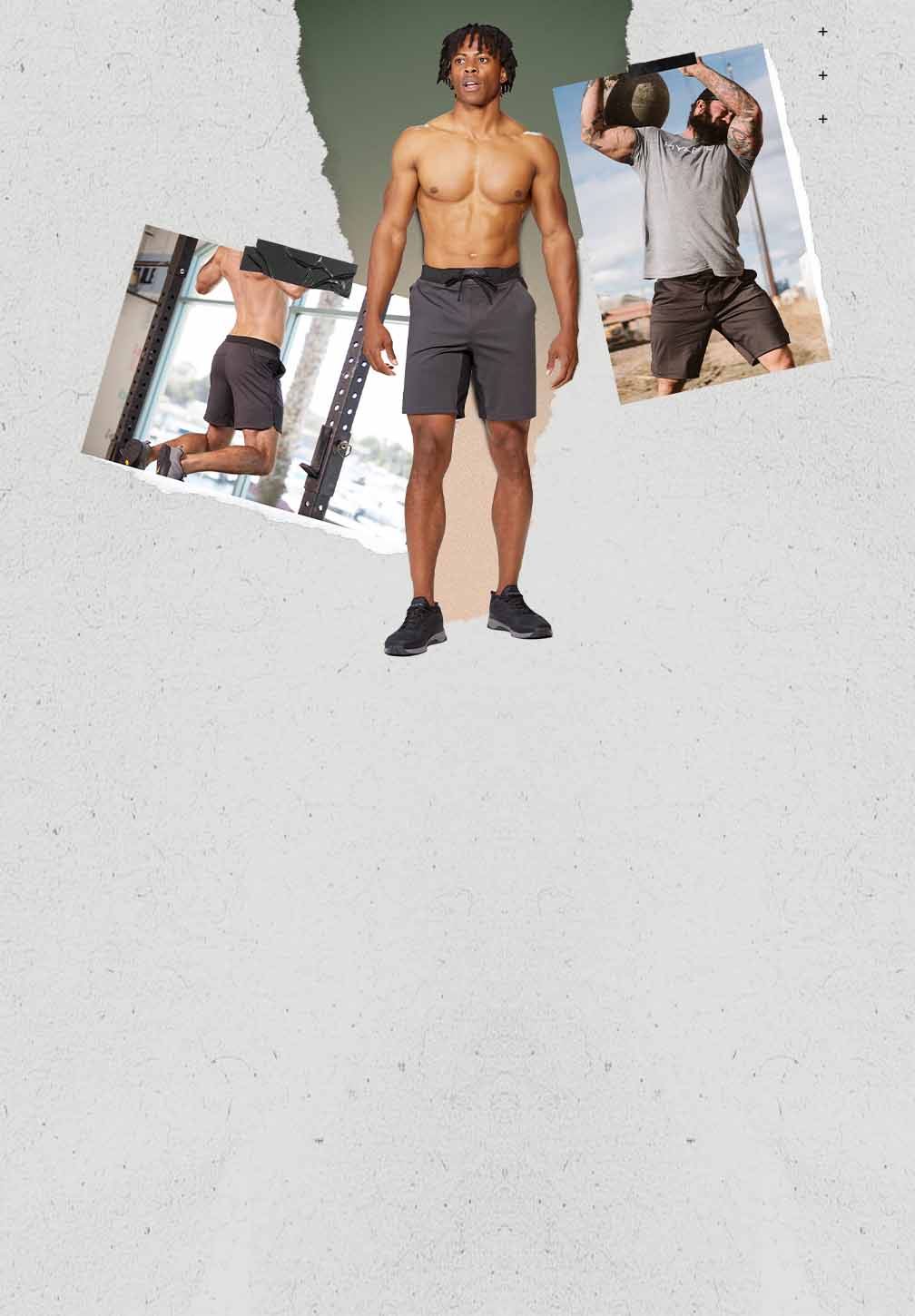 A collage highlighting men's shorts by Hylete. The central image is a shirtless man with dreadlocks wearing dark gray shorts. The smaller images show a man doing a pull-up and another man lifting a large stone, both wearing Hylete shorts.